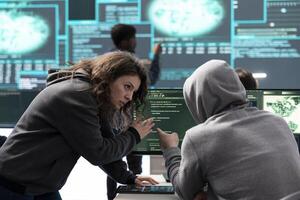 Governmental hackers working together on digital security and cyber defense measures. Engaging in cyber operations, network security and data protection during information war. photo