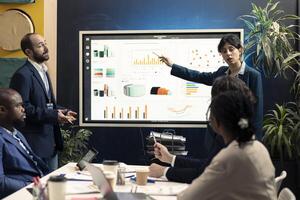 Business consultant making a pitch presentation with annual data reports to evaluate infographics and understand what can be improved, problem solving meeting. Team identifying issues for efficiency. photo