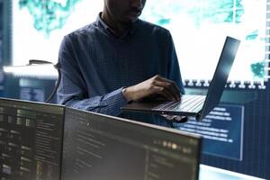 Cyber security team conducting cyber surveillance and threat detection in a governmental agency. Hackers working on cybercrime and malware prevention, data breach protection. photo