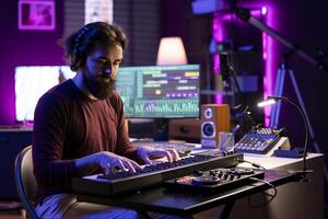 Songwriter playing piano keyboard and recording tunes for mix and master session, using daw software on computer to create new songs. Sound producer composing music with midi controller. photo