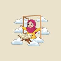 A cheerful young Muslim girl in a hijab joyfully reads the Quran from an open window surrounded by clouds. vector