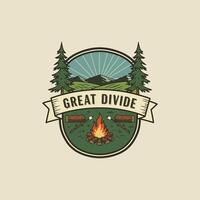 A vintage-style emblem depicts a campfire scene in the Great Divide, featuring mountains, pine trees, and roasting marshmallows. vector