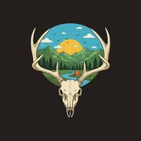 A deer skull forms a frame around a scenic mountain landscape with a river and a campsite, creating a visually striking nature scene. vector