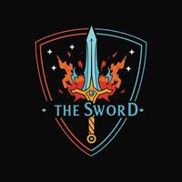 A stylized logo depicting a flaming sword encased within a protective shield, symbolizing power and strength. vector