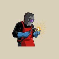 A skilled welder wearing protective gear operates a welding torch creating bright sparks. vector