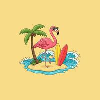 A stylish flamingo wearing sunglasses stands on a small tropical island next to surfboards with waves in the background. vector