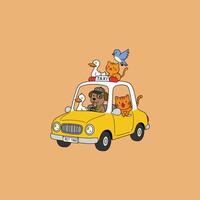 A cartoon illustration of a yellow pet taxi with a dog driver and various animals as passengers enjoying a ride. vector