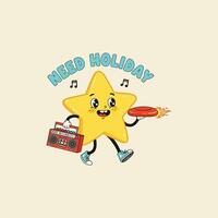 A cheerful cartoon star character enjoys a holiday break with a boombox and a flaming frisbee. vector