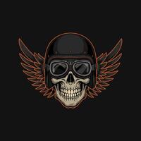 A skull wearing a vintage aviator helmet and goggles is depicted with large wings behind it creating a bold graphic design. vector