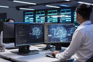 Computer scientist working in data center providing computing resources needed for artificial intelligence to process massive datasets. Man in server farm storing data used for machine learning photo