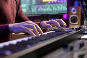 Artist playing piano notes and editing to improve the sound quality of audio recordings in home studio, handling electronic keyboard. Music producer uses midi controller to manipulate sounds. photo