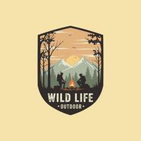 A vintage-style illustration depicts two hikers enjoying a campfire beneath a sunset in a mountainous forest setting. vector