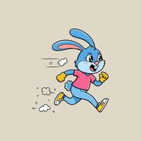 A cute blue cartoon rabbit is depicted running swiftly, showcasing energy and speed through its dynamic pose and motion lines. vector