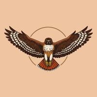 A stylized red-tailed hawk with wings outstretched is depicted in a circular frame against a light brown background. vector