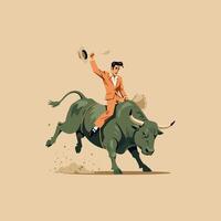 A stylized illustration depicts a man in a suit triumphantly riding a bucking bull during a rodeo-style event. vector