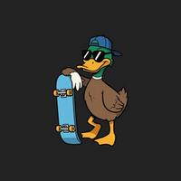 A cartoon illustration of a cool duck wearing sunglasses and a cap while holding a skateboard. vector