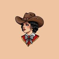 The image shows a stylized portrait of a cowgirl with dark curls wearing a brown hat and red shirt with a grey bow. vector