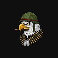 The image depicts a fierce eagle in a military helmet adorned with ammo and dog tags, symbolizing strength and patriotism. vector