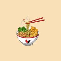 A cartoon illustration shows a steaming bowl of noodles being lifted with chopsticks, accompanied by various toppings. vector