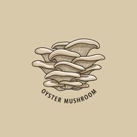 A stylized illustration depicts a cluster of oyster mushrooms, showcasing their shape and texture in a vintage aesthetic. vector