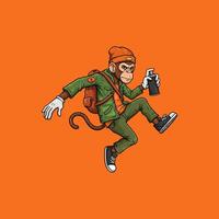 A cartoon monkey, dressed in stylish streetwear, dynamically leaps while holding a spray can, suggesting a graffiti artist. vector