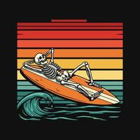 A stylized illustration depicts a skeleton casually lying on a surfboard amidst a retro sunset scene and ocean wave. vector