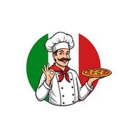 A cartoon Italian chef in a white uniform presents a pizza while giving an okay hand gesture against an Italian flag background. vector