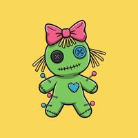 A cute cartoon green voodoo doll with a pink bow, buttons for eyes, and pins sticking out of its body. vector
