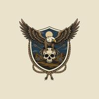 A stylized illustration of a majestic eagle perched atop a skull with arrows crossed underneath, set against a mountainous landscape within a rope-bound shield. vector