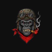 A fierce gorilla wearing a military helmet and goggles smokes a cigar while donning a red bandana. vector