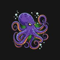 A stylized illustration of a purple octopus with orange tentacles, appearing angry and set against a dark background with bubbles. vector