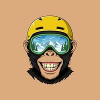 A cheerful chimpanzee dons a yellow ski helmet and goggles reflecting a snowy mountain vista. vector