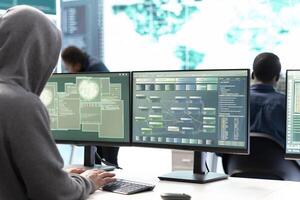 Governmental hackers team performing a cyber attack on database servers to gather intelligence during cyberwarfare activity. Experts working on IT security against malicious scams. photo