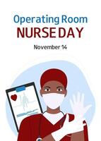 Operating Room Nurse Day. November 14. White background with nurse in red uniform. Design for banner, greeting card, presentation, flyer. vector