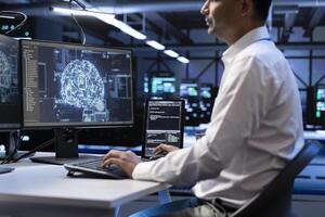 Computer scientist using AI tech on computer to do checkup in server room providing storage. IT professional in data center using PC to enable artificial intelligence to process datasets for training photo