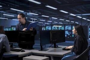 Multiethnic staff members in data center updating systems, protecting equipment from damaging software vulnerabilities. Diverse team of engineers looking for bugs causing infrastructure to slow down photo