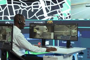 African american call center operator updating clients on possible order delays due to heavy traffic in the city, monitoring couriers to ship cargo faster. Employee provides order tracking service. photo