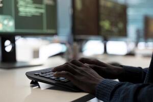Cyber intelligence team of experts in a governmental hacking room, implementing ways to protect national secrets. Digital security, cyber surveillance and prevention of cyberterrorism. photo