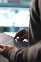 Cyber security expert working on encryption and IT security in a governmental agency. Man engaging on cyber operations, network security and data protection for hybrid war. Close up. photo
