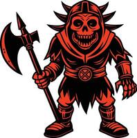 a red and black skull with an axe vector