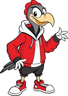 cartoon bird wearing a red jacket