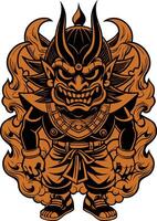 a cartoon demon with a large head and a black and orange background vector