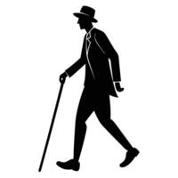 Man with Walking Stick Silhouette on White vector