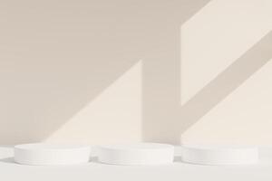 Set of white realistic 3d cylinder pedestal podium in pastel colorful abstract rooms. 3d rendering geometric forms. Minimal wall scene. Stage showcase, Product display. photo