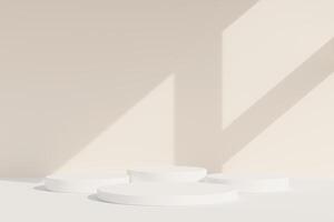 Set of white realistic 3d cylinder pedestal podium in pastel colorful abstract rooms. 3d rendering geometric forms. Minimal wall scene. Stage showcase, Product display. photo
