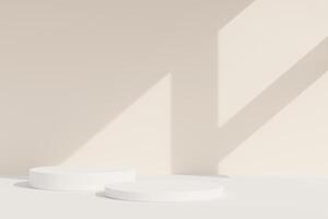 Set of white realistic 3d cylinder pedestal podium in pastel colorful abstract rooms. 3d rendering geometric forms. Minimal wall scene. Stage showcase, Product display. photo