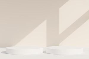 Set of white realistic 3d cylinder pedestal podium in pastel colorful abstract rooms. 3d rendering geometric forms. Minimal wall scene. Stage showcase, Product display. photo