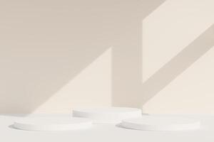 Set of white realistic 3d cylinder pedestal podium in pastel colorful abstract rooms. 3d rendering geometric forms. Minimal wall scene. Stage showcase, Product display. photo