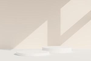 Set of white realistic 3d cylinder pedestal podium in pastel colorful abstract rooms. 3d rendering geometric forms. Minimal wall scene. Stage showcase, Product display. photo