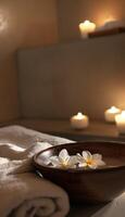 Serene Spa Ambiance with Soft Lighting and Floating Flowers for Relaxation and Wellness photo